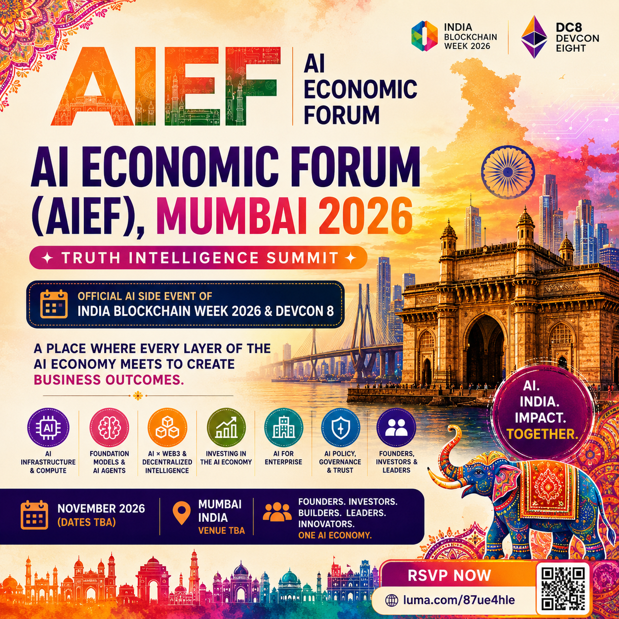 AI-WIRTSCHAFTSFORUM (AIEF), MUMBAI 2026 ⟡ Truth Intelligence Summit — Offizielles KI-Neben-Event der India Blockchain Week 2026 & Devcon 8